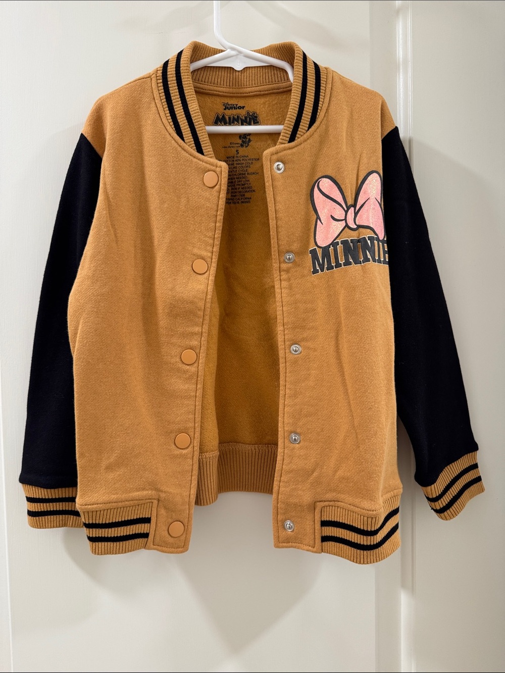 Disney Minnie Two-Tone Varsity Jacket in Mustard & Black with Pink Bow